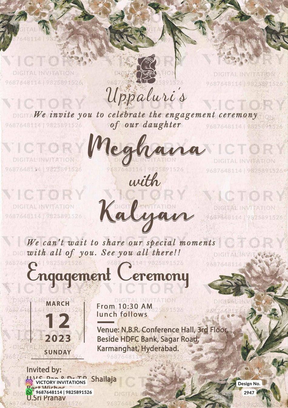 Engagement ceremony invitation card in english language with elephants, flowers as floral theme design 2947