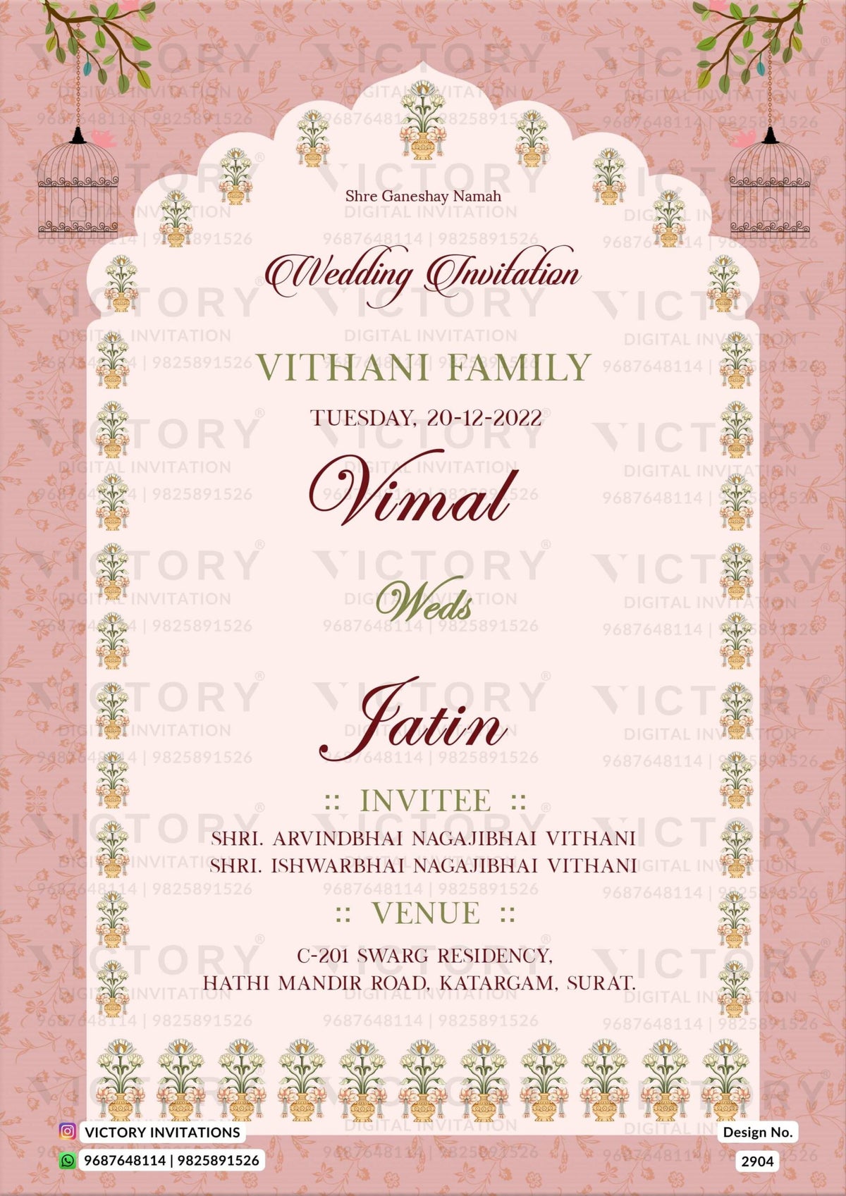 Wedding ceremony invitation card of hindu gujarati patel family in English language with traditional theme design 2904