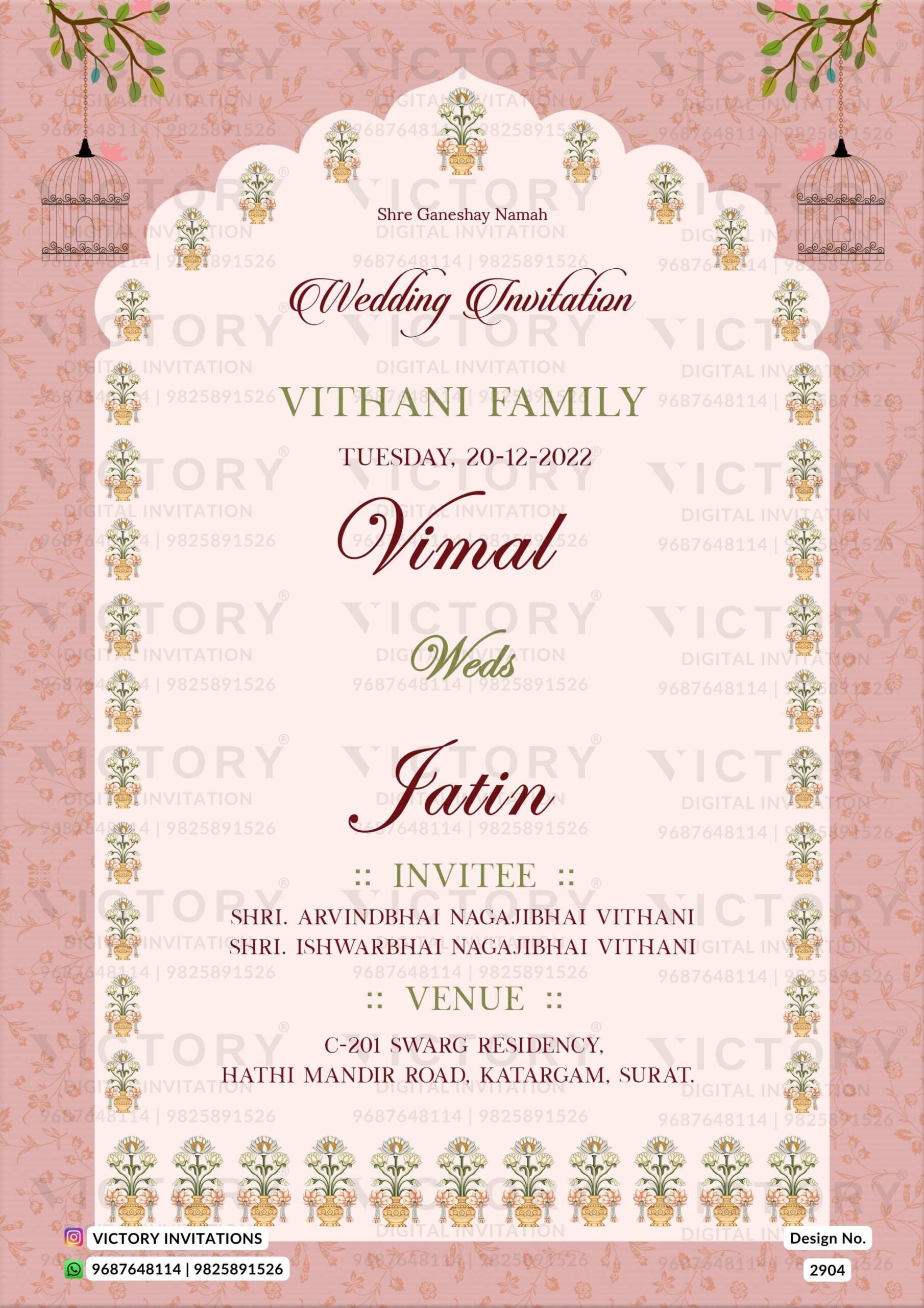 Wedding ceremony invitation card of hindu gujarati patel family in English language with traditional theme design 2904