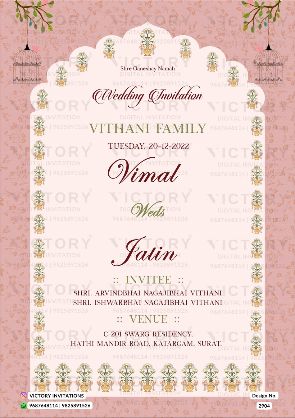Wedding ceremony invitation card of hindu gujarati patel family in English language with traditional theme design 2904