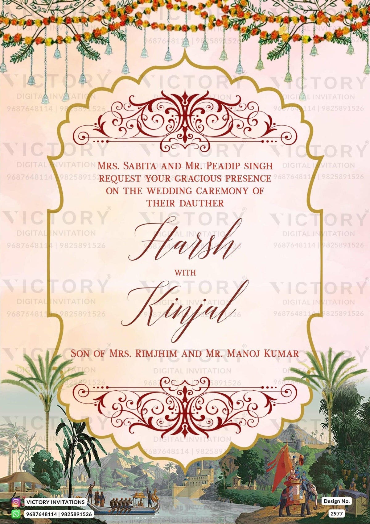 Wedding ceremony invitation card of hindu south indian tamil family in English language with traditional theme design 2977