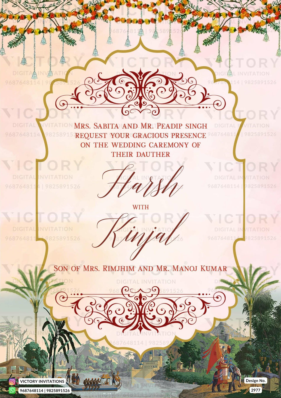 Wedding ceremony invitation card of hindu south indian tamil family in English language with traditional theme design 2977