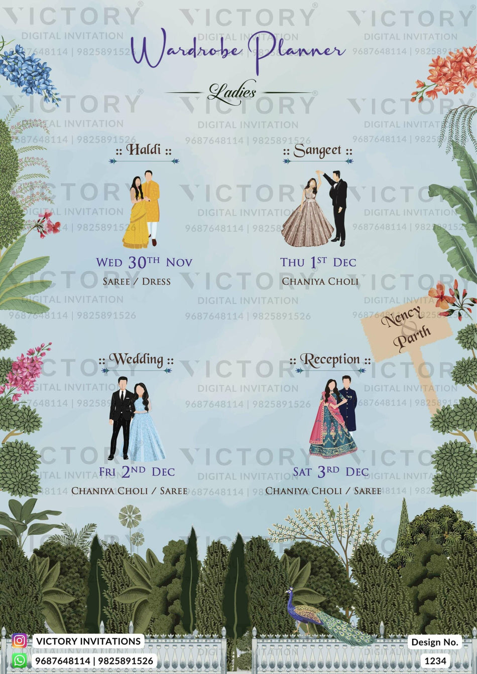 Wardrobe planner invitation card in english language with couple doodle, flowers as minimalistic theme design 1234