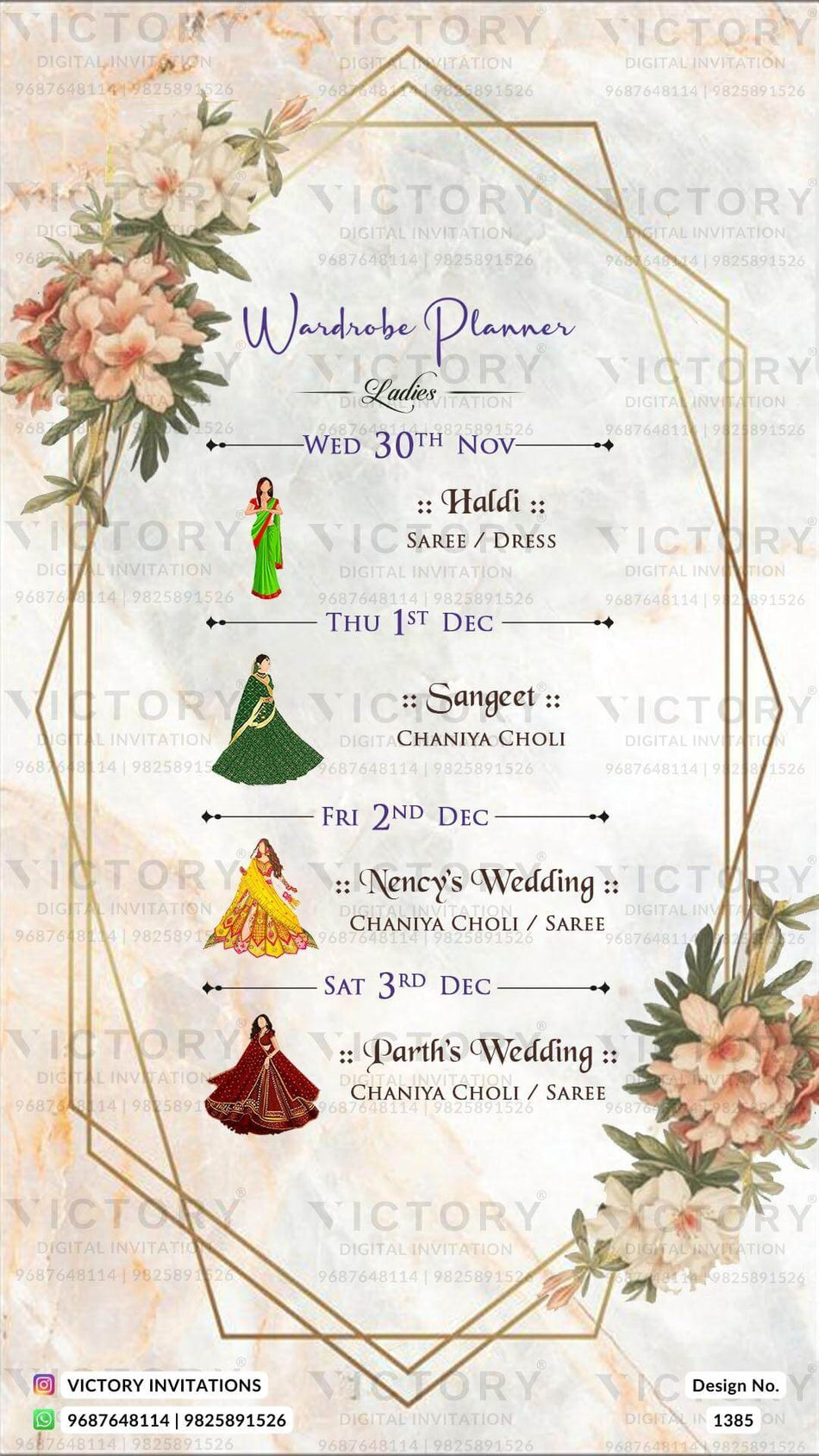 Wardrobe planner invitation card in english language with flowers, frame as minimalistic theme design 1385
