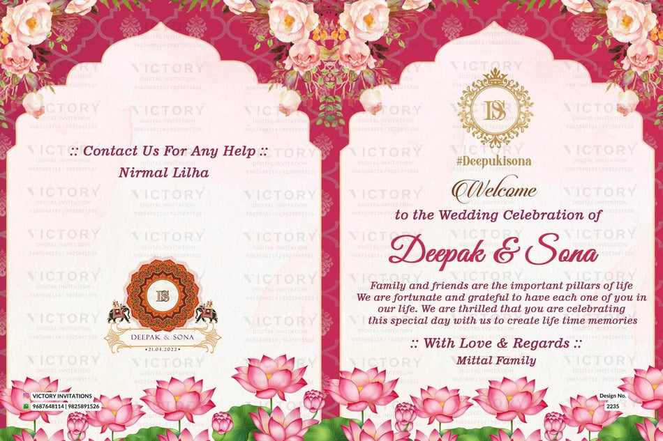 Wedding ceremony invitation card of hindu rajasthani marwari family in English language with arch theme design 2235