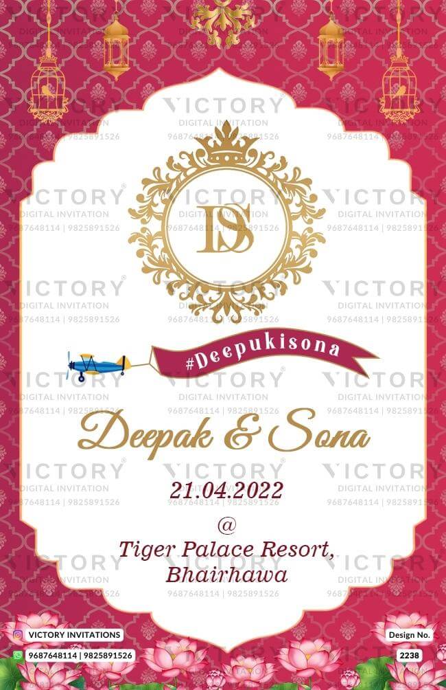 Luggage tag design for wedding ceremony in english language with lantern, lotus flower as arch theme design 2238