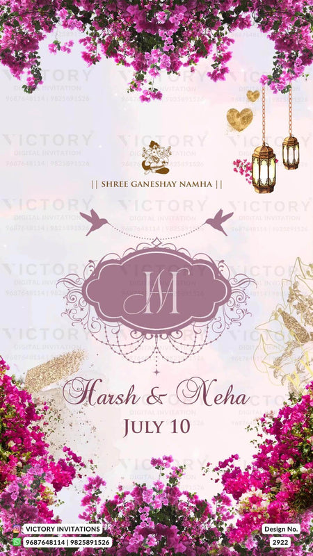 Sangeet Sandhya Ceremony invitation card in english language with couple logo, glitter as artistic leaves theme design 2922