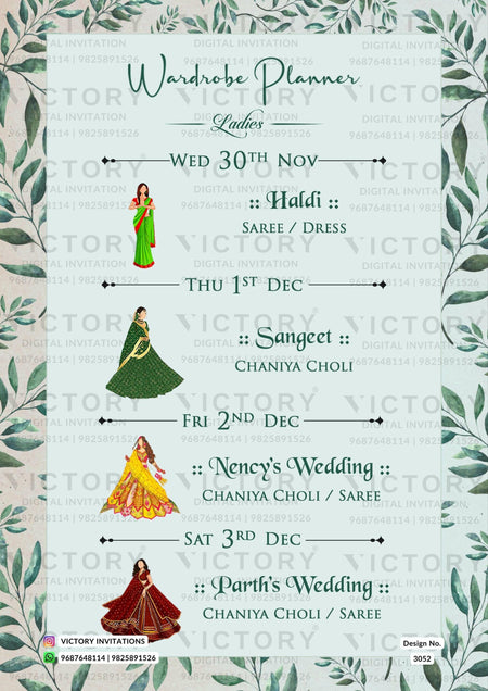Wardrobe planner invitation card in english language with doodle, leaves as artistic leaves theme design 3052