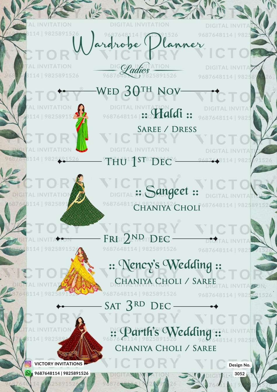 Wardrobe planner invitation card in english language with doodle, leaves as artistic leaves theme design 3052
