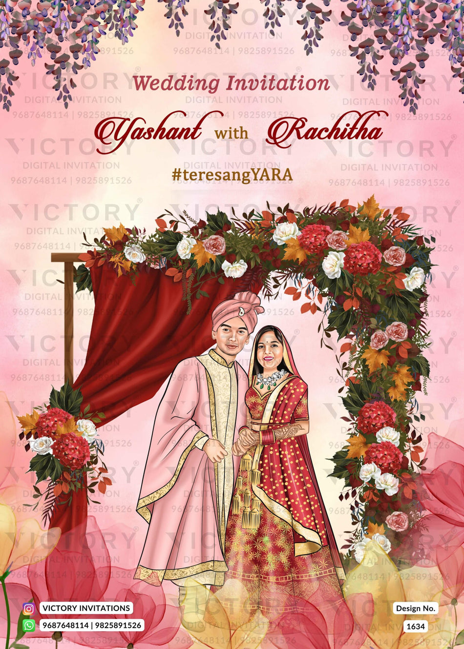 Traditional couple caricature invitation card for wedding ceremony of hindu south indian kannada family in english language with Vintage theme design 1634