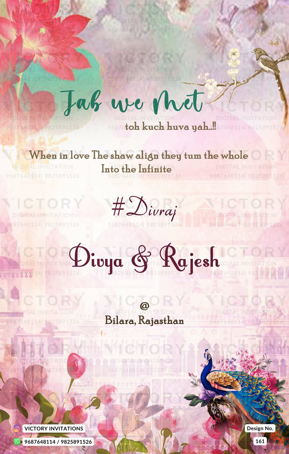 Wedding ceremony invitation card of hindu rajasthani rajput family in English language with artistic flowers theme design 161