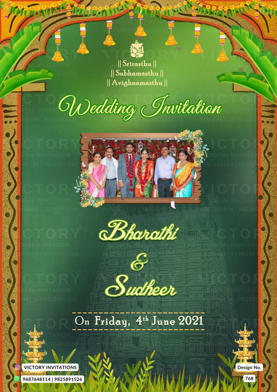 Wedding ceremony invitation card of Hindu south indian telugu family in English language with Traditional theme design 768