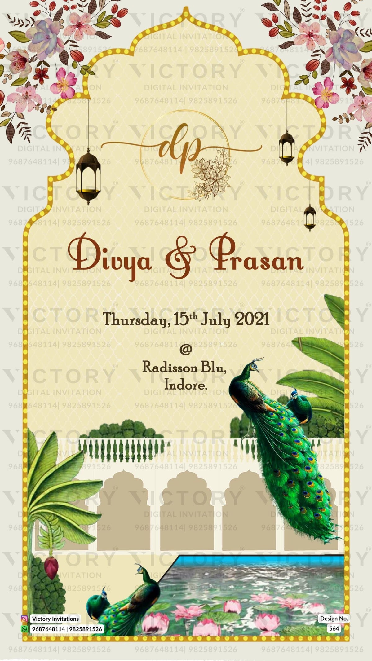 Wedding ceremony invitation card of hindu north indian family in English language with traditional theme design 564