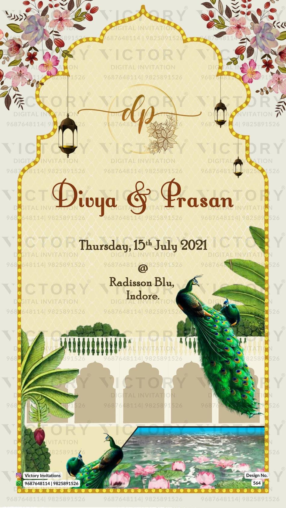 Wedding ceremony invitation card of hindu north indian family in English language with traditional theme design 564