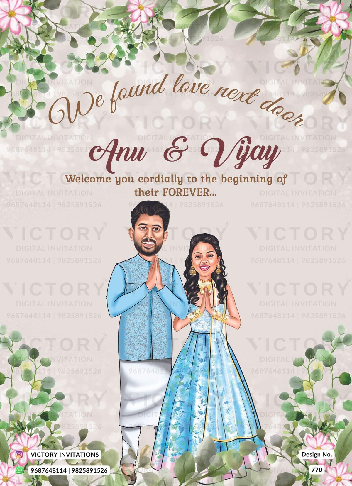Namaste couple caricature invitation card for wedding ceremony of hindu south indian telugu family in english language with Floral aesthetic theme design 770