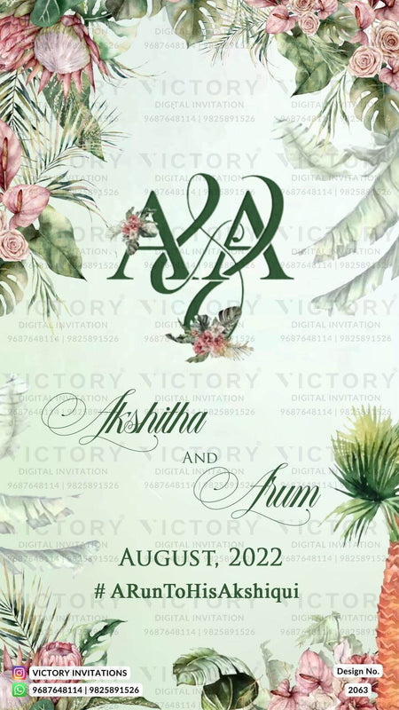 Wedding ceremony invitation card of hindu south indian telugu family in English language with artistic leaves theme design 2063