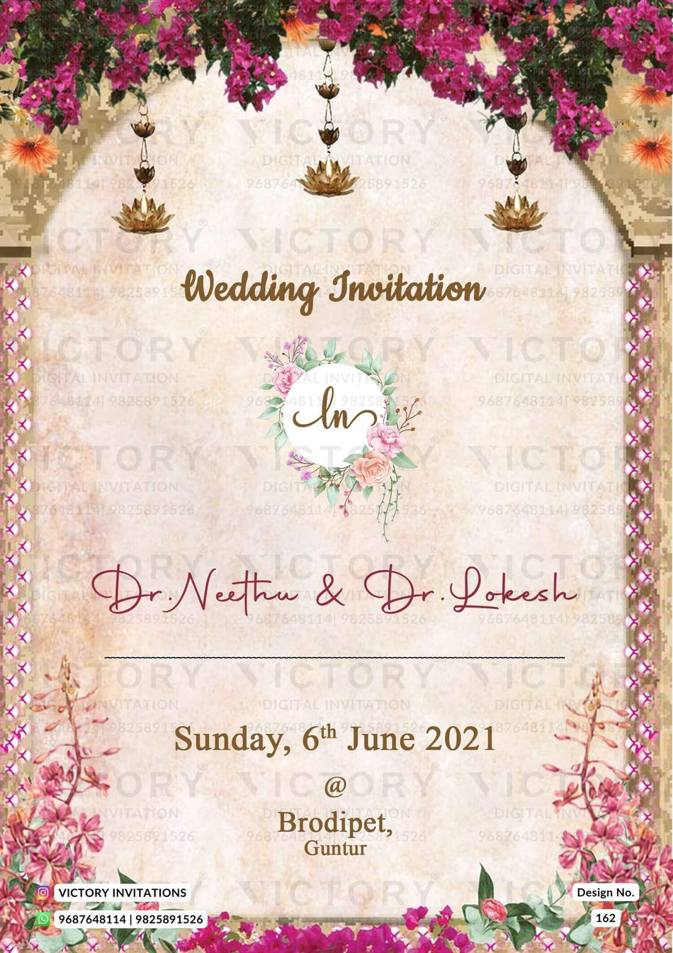 Wedding ceremony invitation card of hindu south indian telugu family in English language with traditional theme design 162