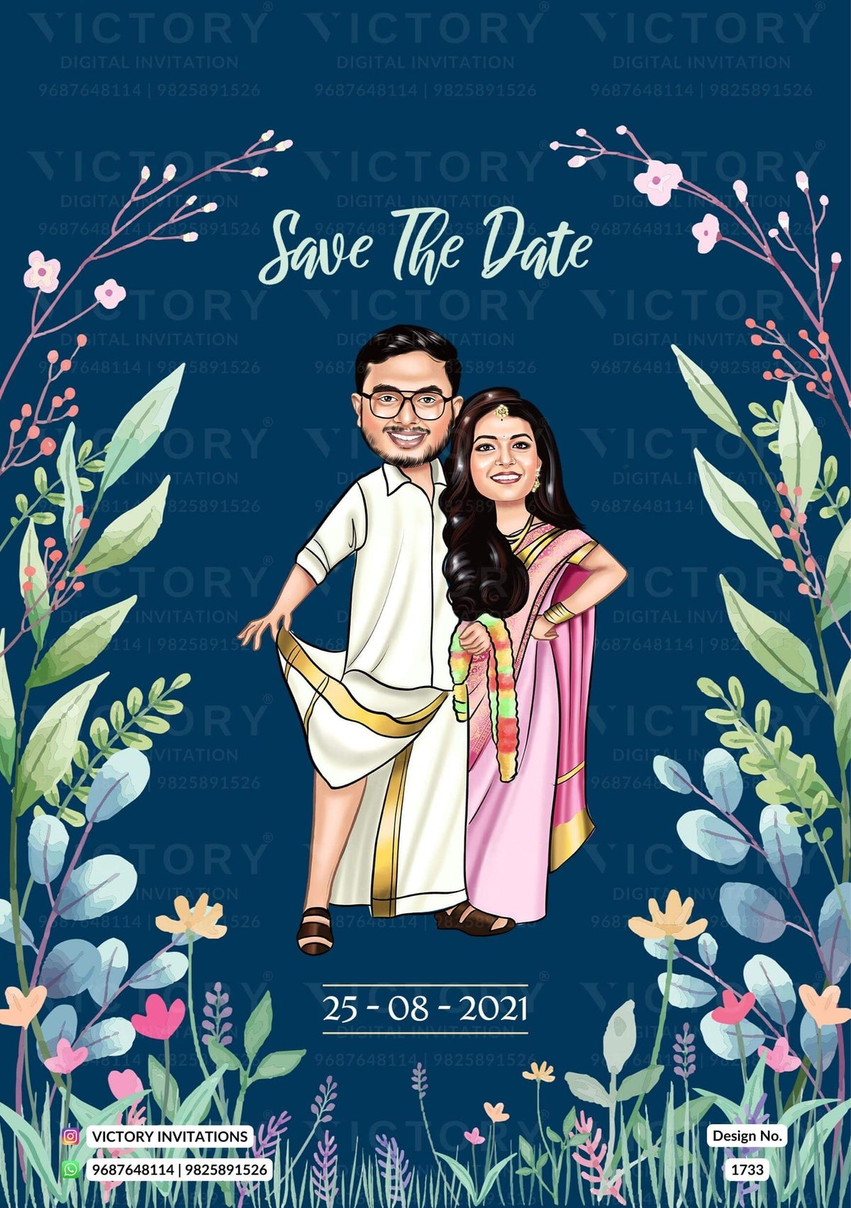 Dhoti and saree couple caricature invitation card for wedding ceremony ...