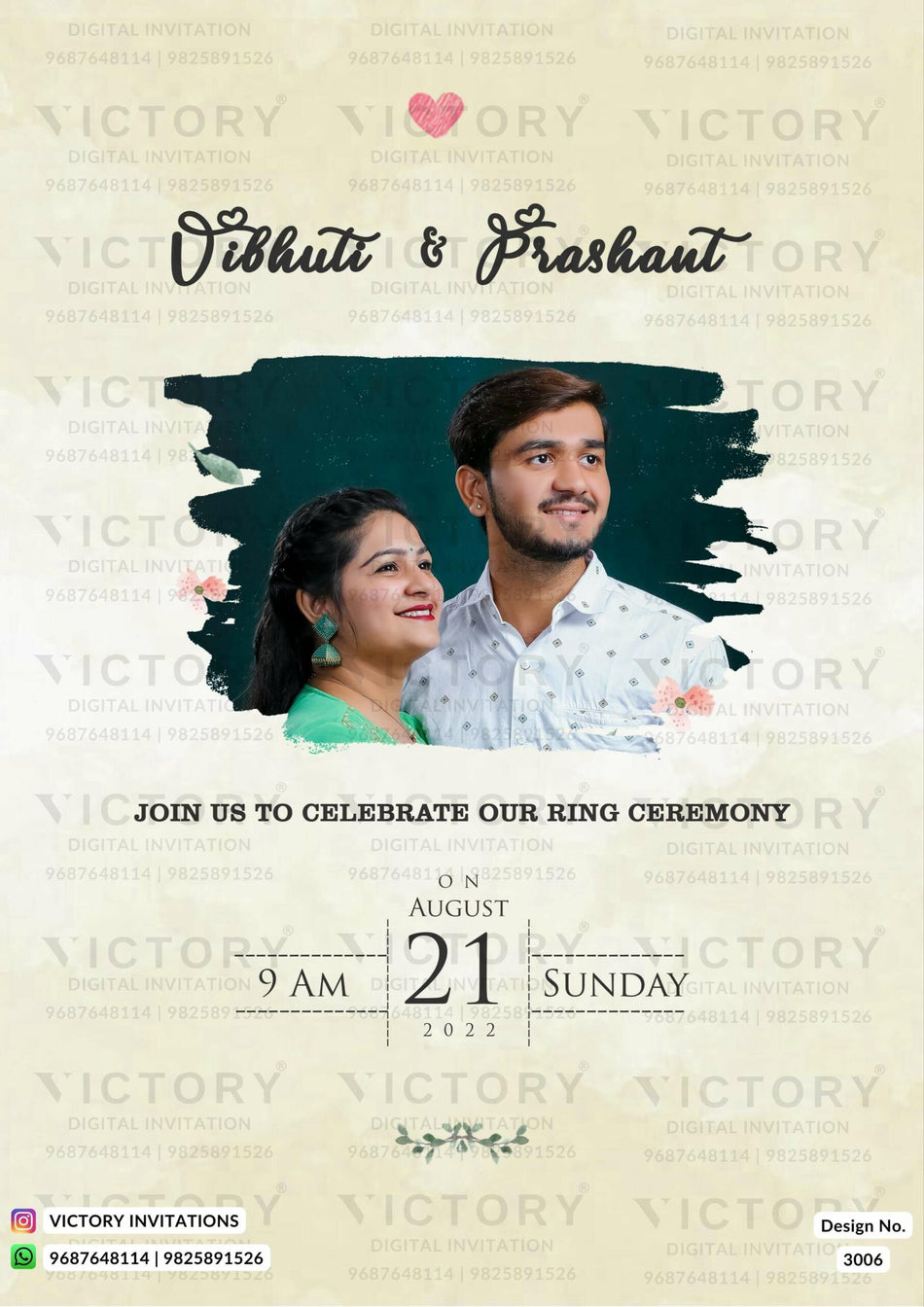 Chandla vidhi Engagement invitation card in gujarati language with couple photo, flowers as floral theme design 3006