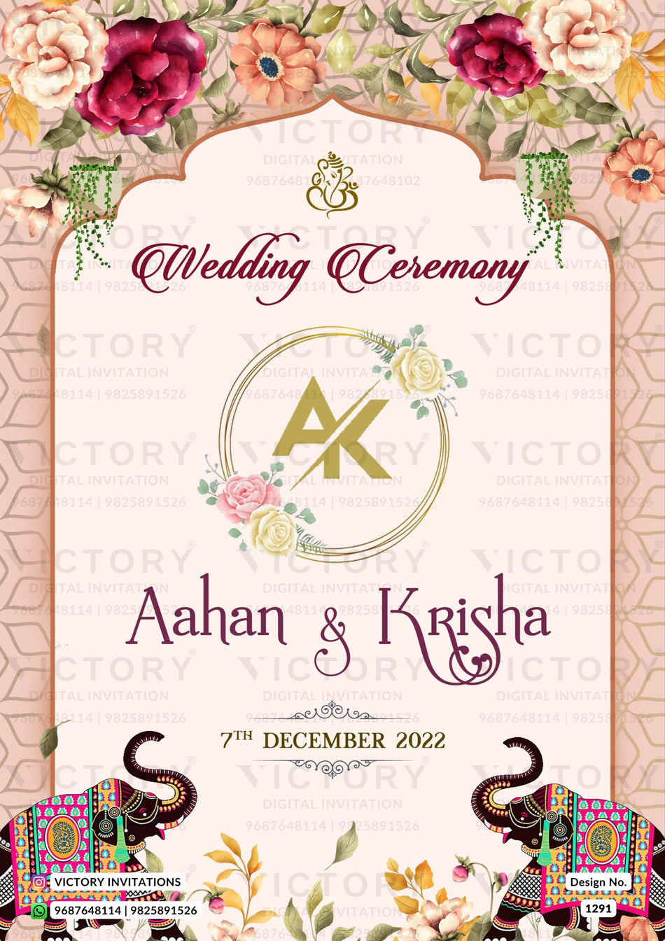 Wedding ceremony invitation card of hindu gujarati marwari family in English language with traditional theme design 1291