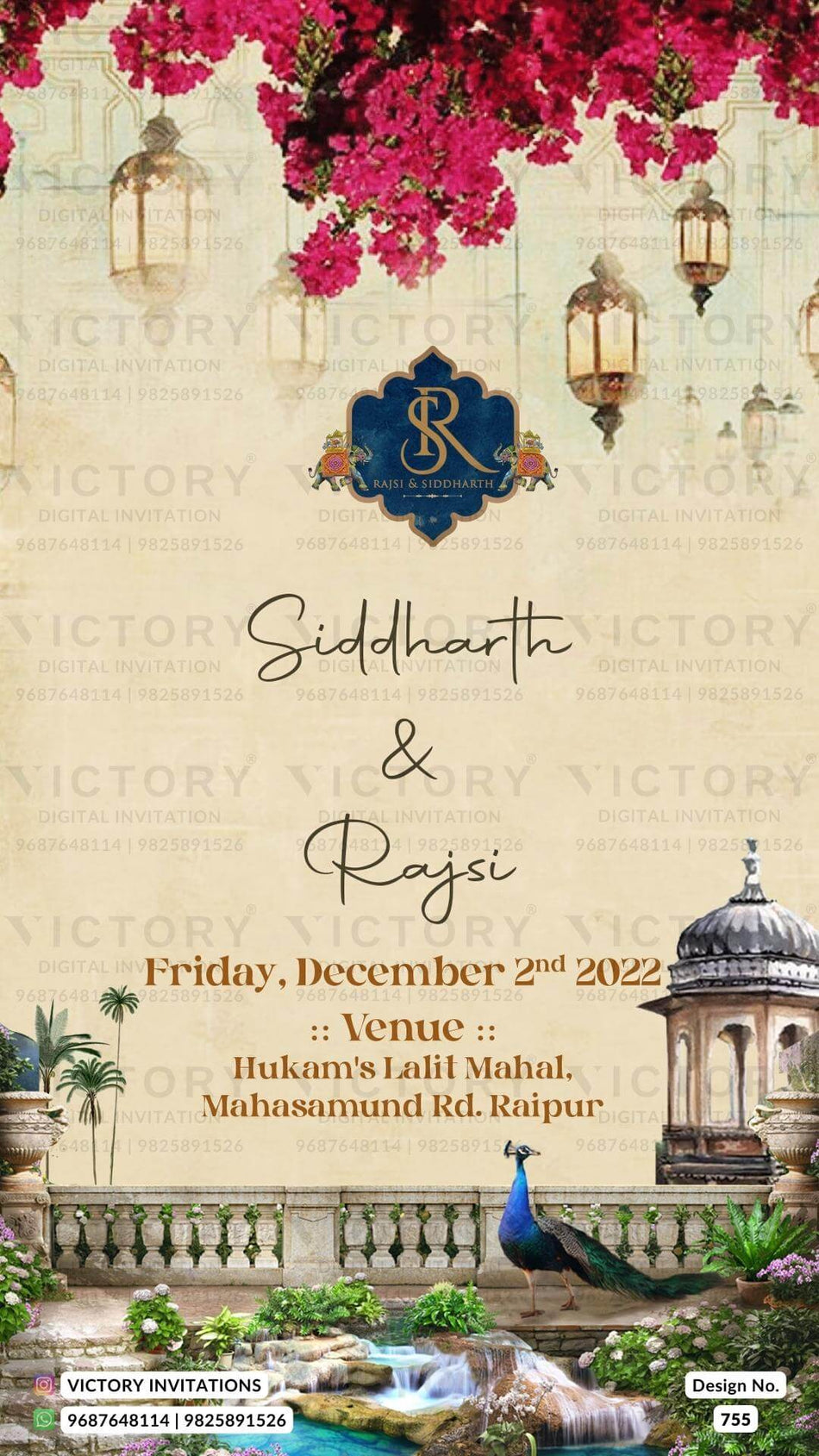 Wedding ceremony invitation card of hindu hindu family in english language with vintage theme design 755