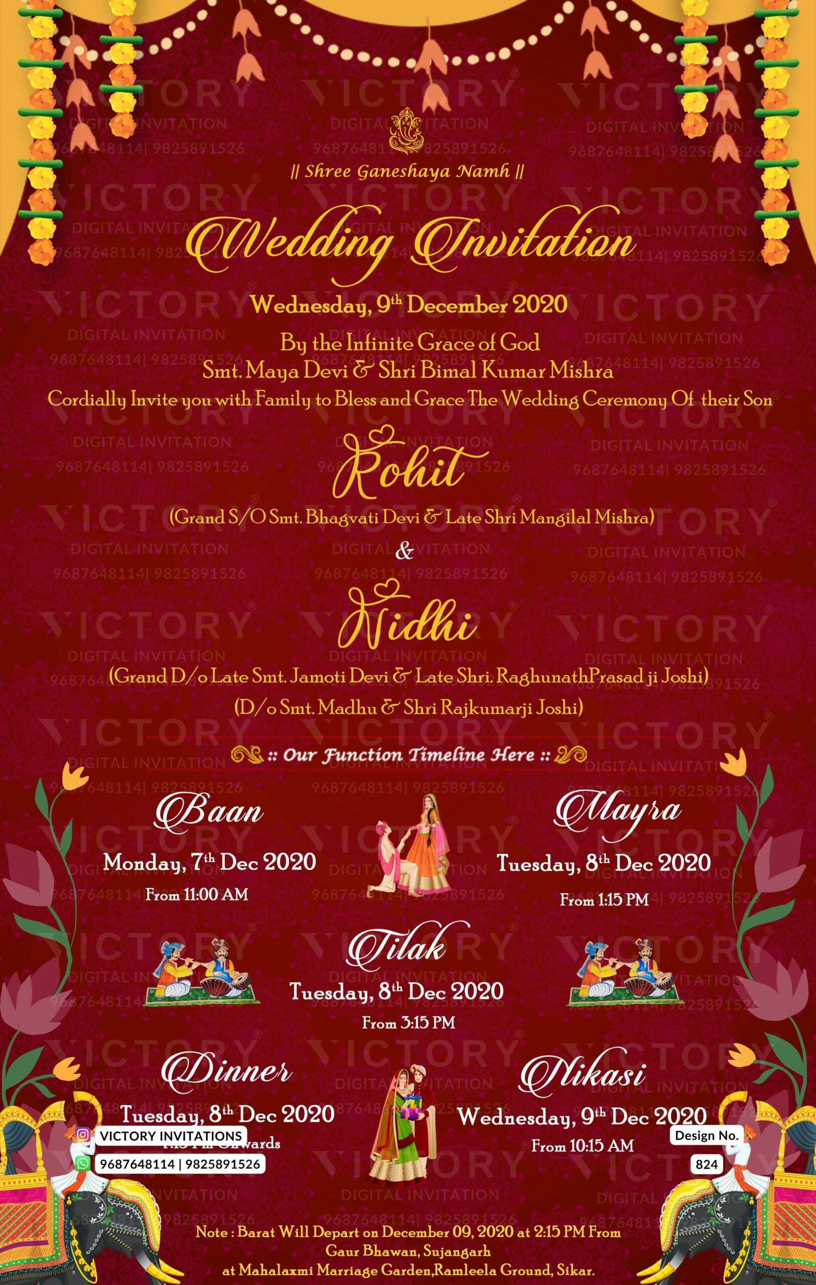 Wedding ceremony invitation card of hindu rajasthani marwari family in English language with traditional theme design 824