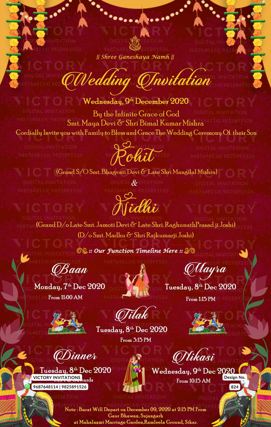 Wedding ceremony invitation card of hindu rajasthani marwari family in English language with traditional theme design 824