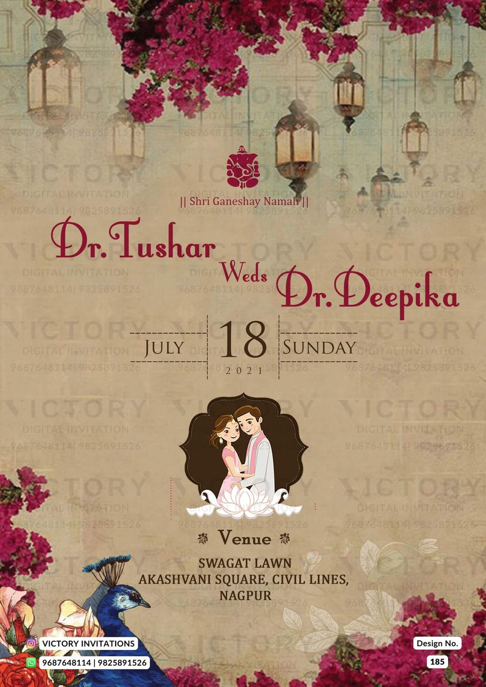 Wedding ceremony invitation card of hindu maharashtrian marathi family in english language with floral theme design 185