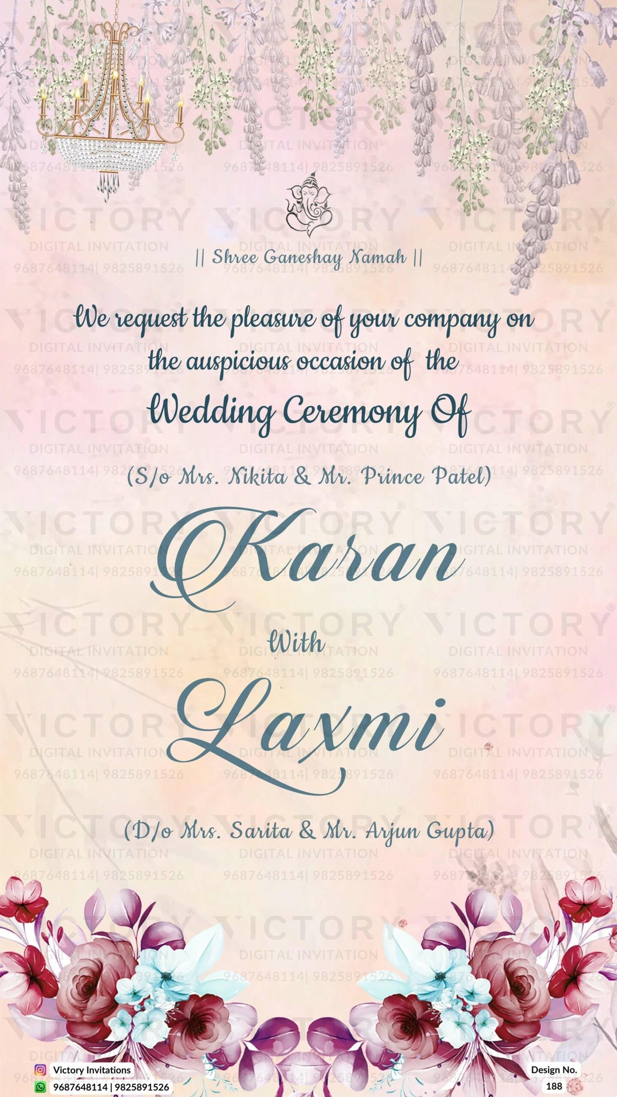 Royal couple caricature invitation card for wedding ceremony of hindu gujarati kathiyawadi family in english language with Floral night view garden theme design 188