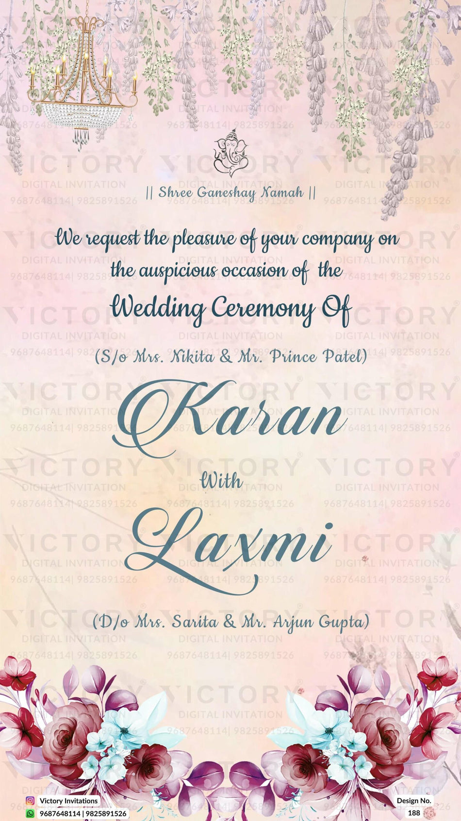 Royal couple caricature invitation card for wedding ceremony of hindu gujarati kathiyawadi family in english language with Floral night view garden theme design 188