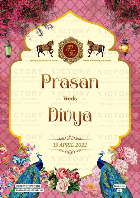 Wedding ceremony invitation card of hindu north indian family in English language with Traditional theme design 781