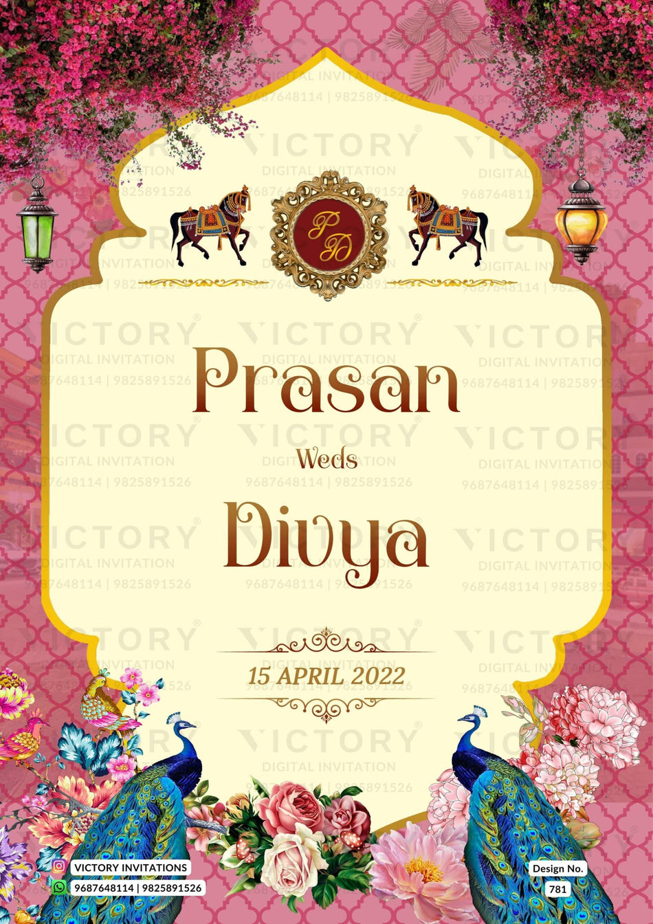 Wedding ceremony invitation card of hindu north indian family in English language with Traditional theme design 781