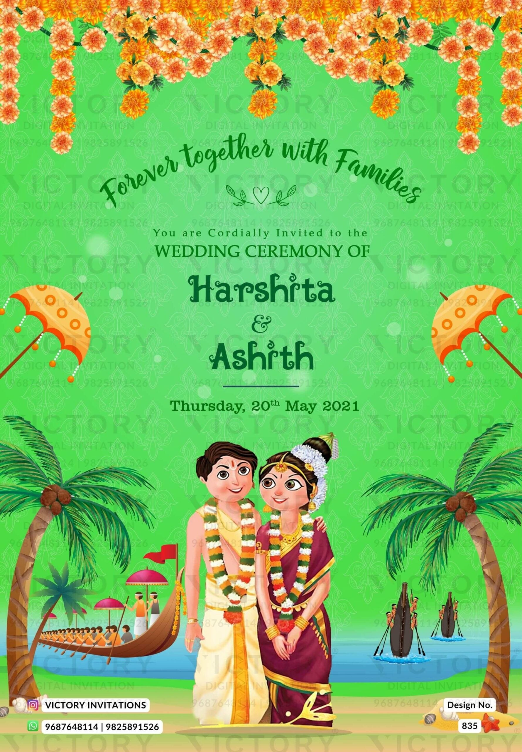 Wedding ceremony invitation card of hindu south indian family in english language with beach theme design 835