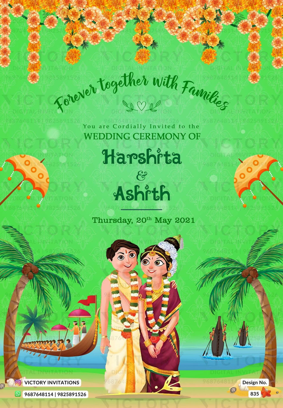 Wedding ceremony invitation card of hindu south indian family in english language with beach theme design 835