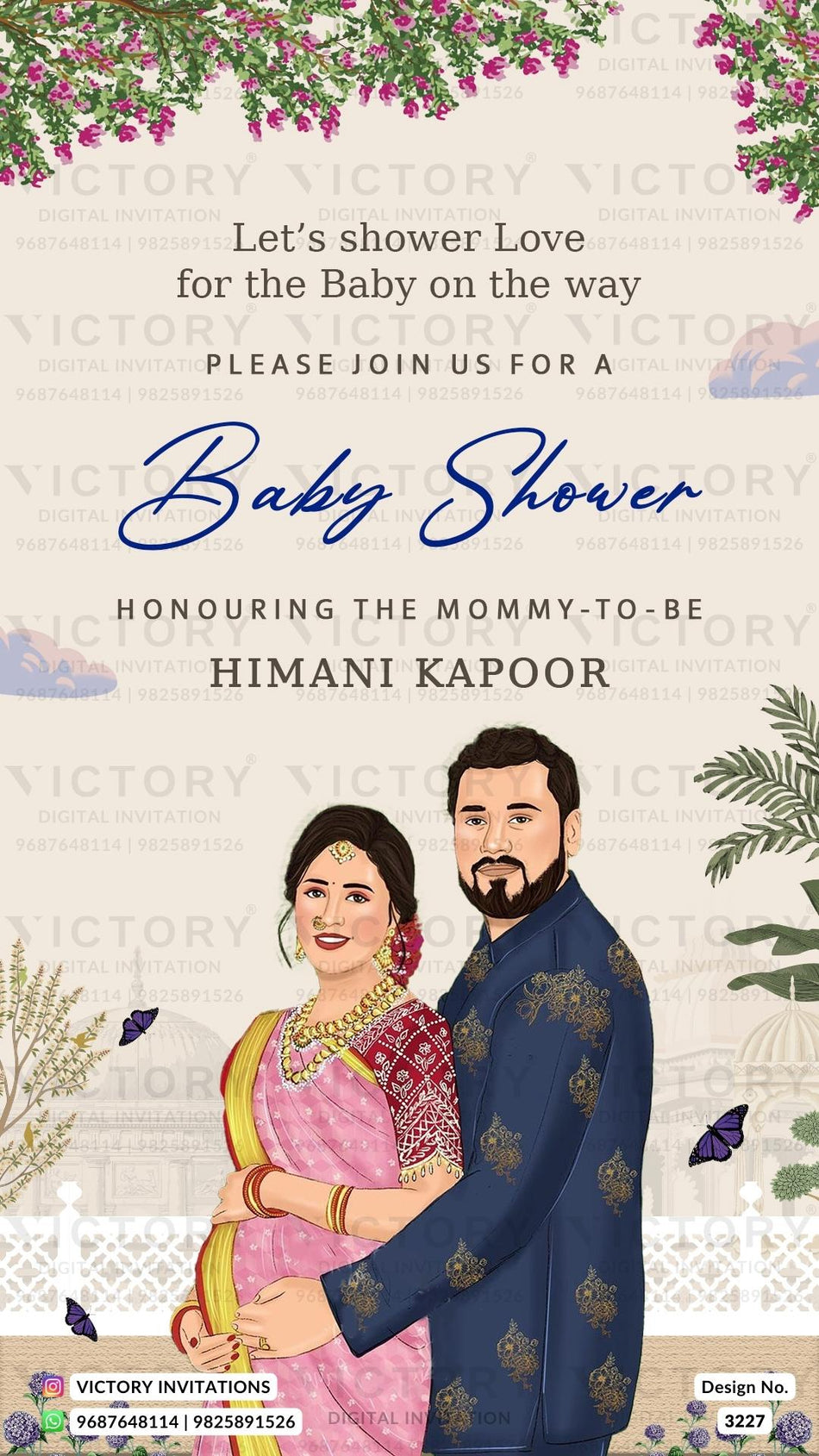 traditional couple caricature invitation card for Baby Shower ceremony in English language with leaves, birds, baby doodle as vintage theme design 3227