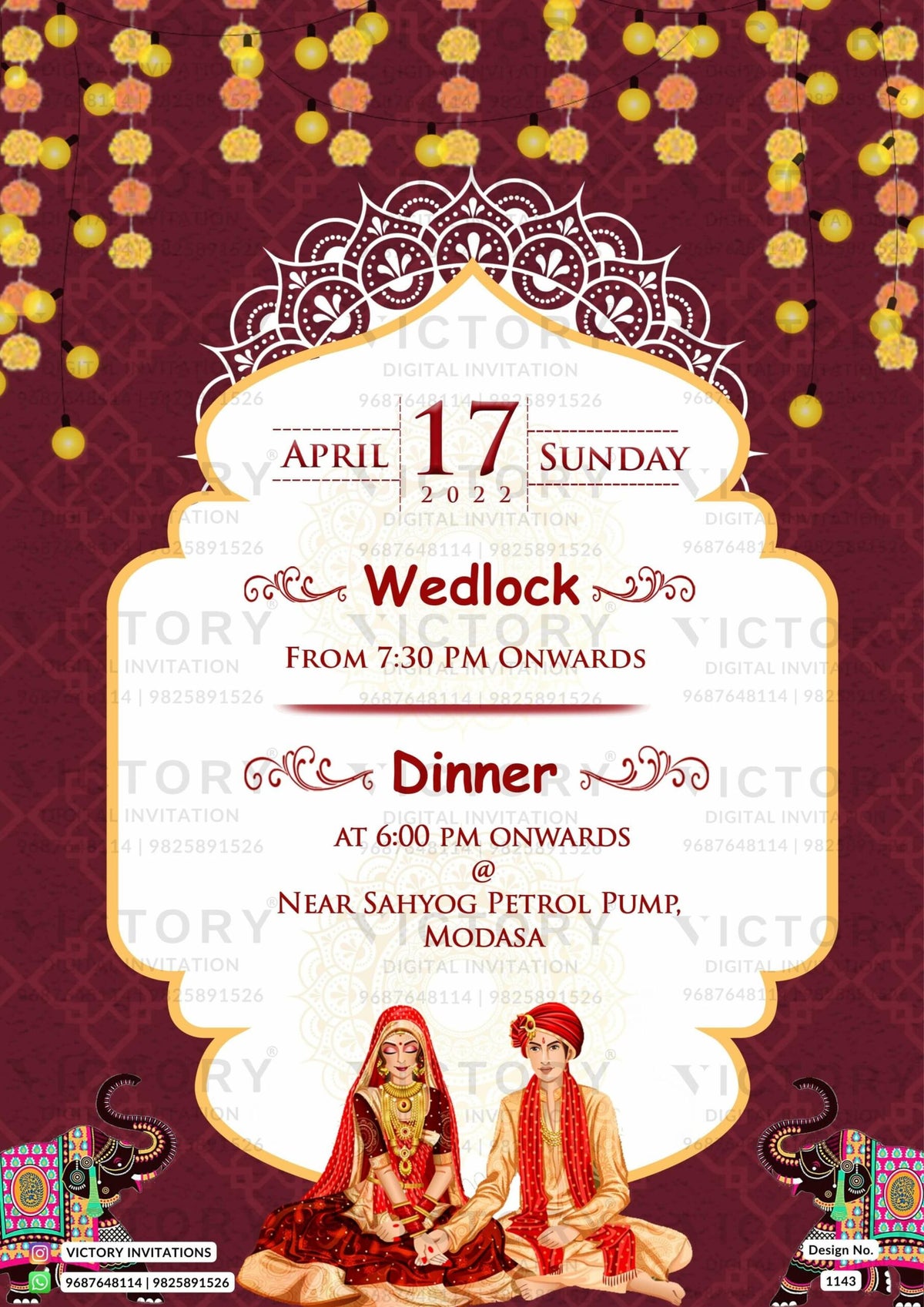 Wedding ceremony invitation card of hindu gujarati patel family in English language with traditional theme design 1143