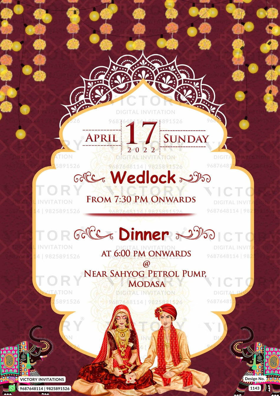 Wedding ceremony invitation card of hindu gujarati patel family in English language with traditional theme design 1143