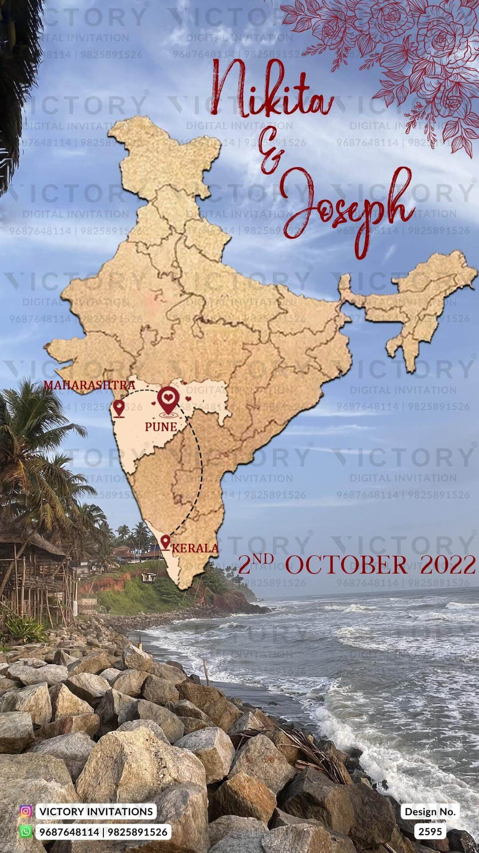 Engagement ceremony invitation card in english language with map as beach theme design 2595