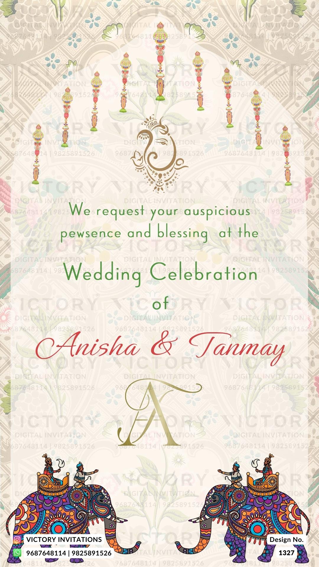 Wedding ceremony invitation card of hindu maharashtrian marathi family in English language with traditional arch theme design 1327