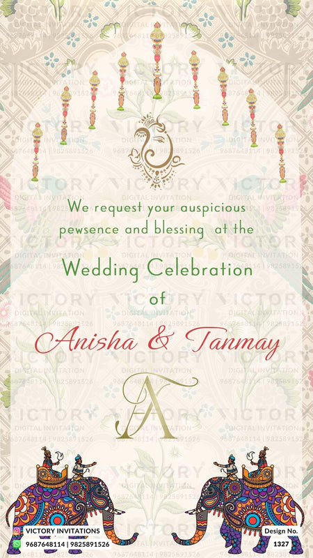 Wedding ceremony invitation card of hindu maharashtrian marathi family in English language with traditional arch theme design 1327