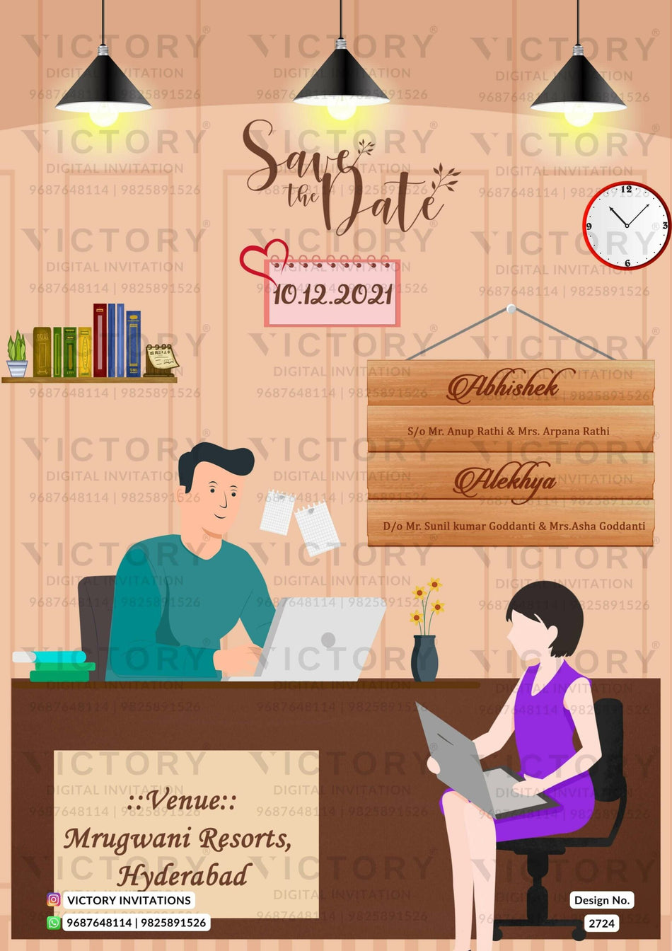 Wedding ceremony invitation card of hindu south indian telugu family in english language with love story theme design 2724