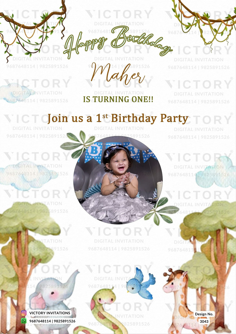 Birthday party invitation card in English language with animal as jungle theme design 3043