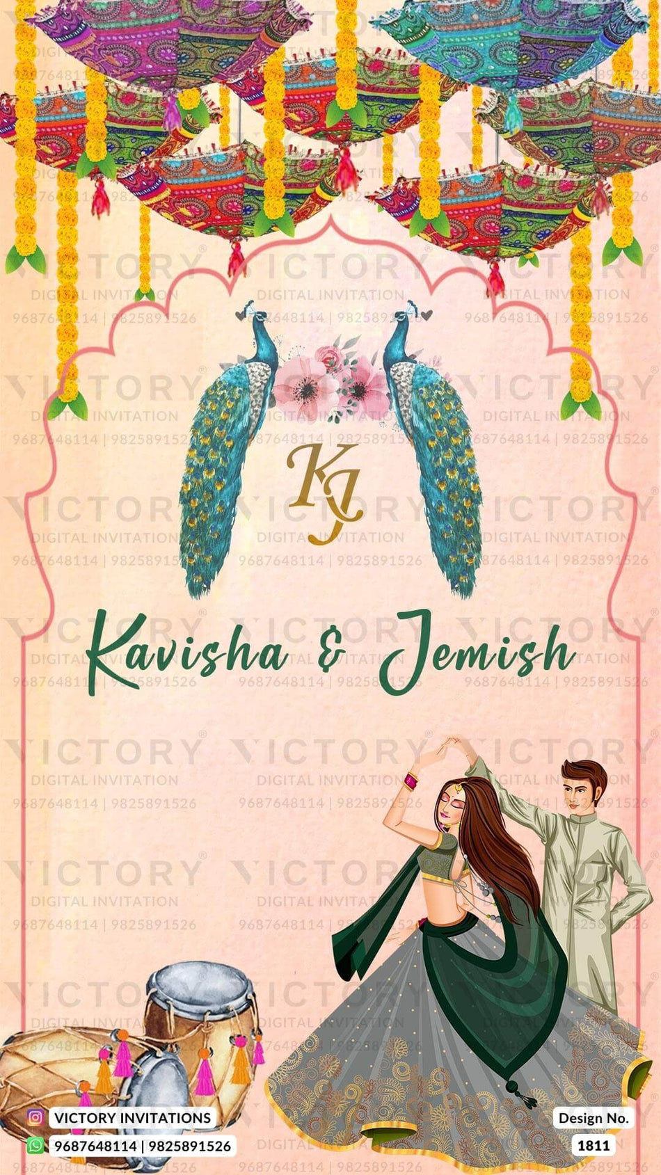 Wedding ceremony invitation card of hindu gujarati leuva family in English language with traditional theme design 1811