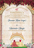 Romantic couple caricature invitation card for wedding ceremony of hindu punjabi sikh family in english language with Arch Artistic flower theme design 850