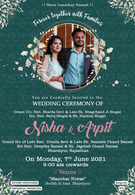 Wedding ceremony invitation card of hindu rajasthani rajput family in English language with couple photo theme design 872