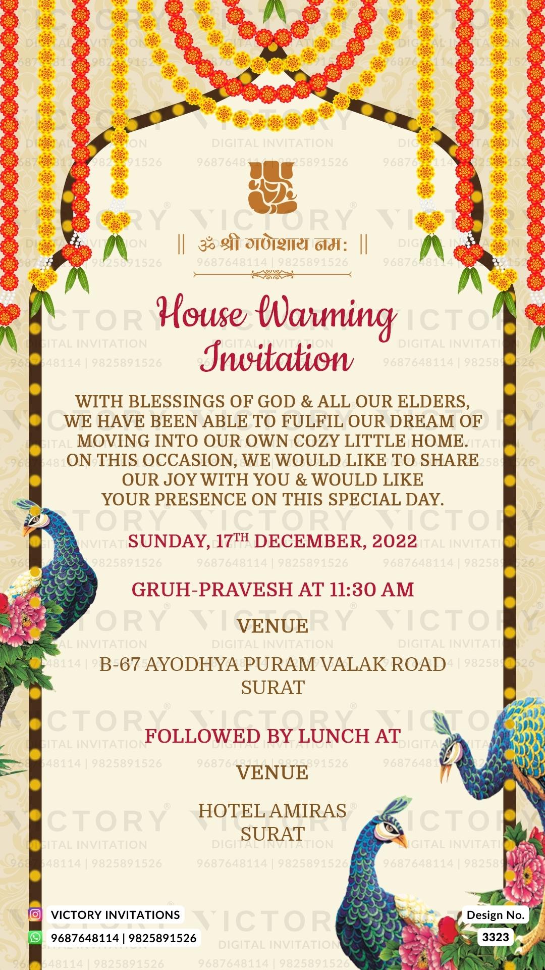 House Warming ceremony invitation card in english language with peacock as traditional arch theme design 3323