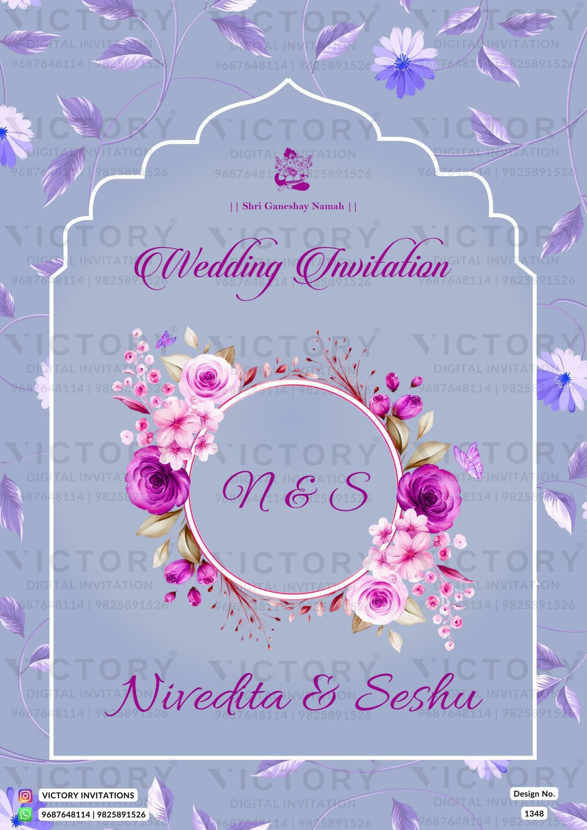 Wedding ceremony invitation card of hindu south indian telugu family in English language with artistic flowers theme design 1348