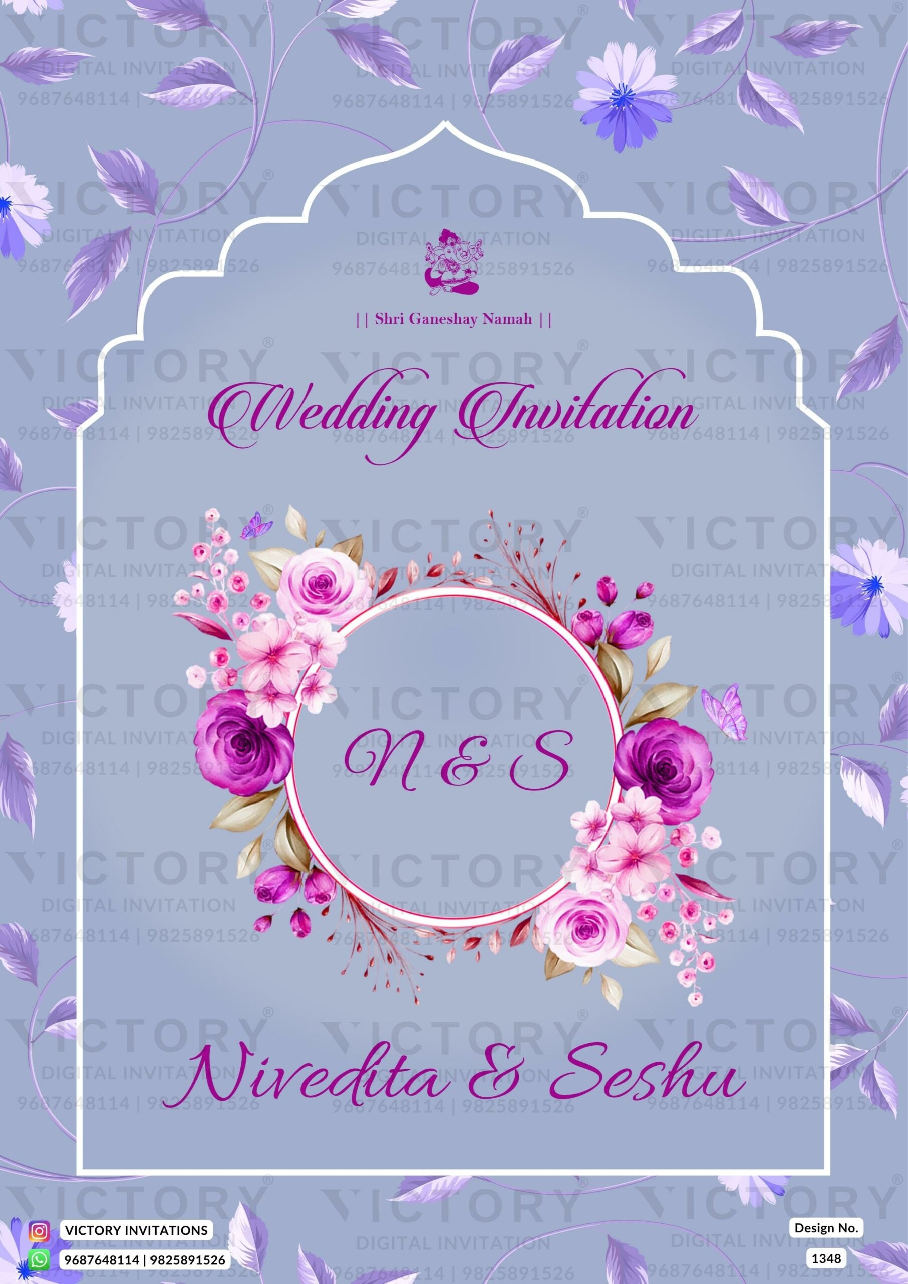 Wedding ceremony invitation card of hindu south indian telugu family in English language with artistic flowers theme design 1348