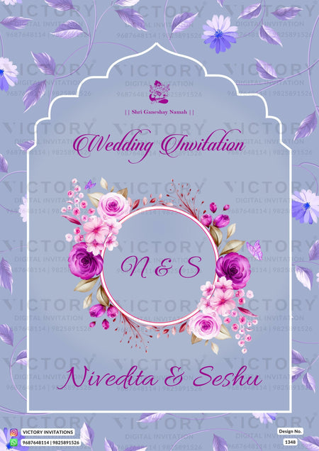 Wedding ceremony invitation card of hindu south indian telugu family in English language with artistic flowers theme design 1348