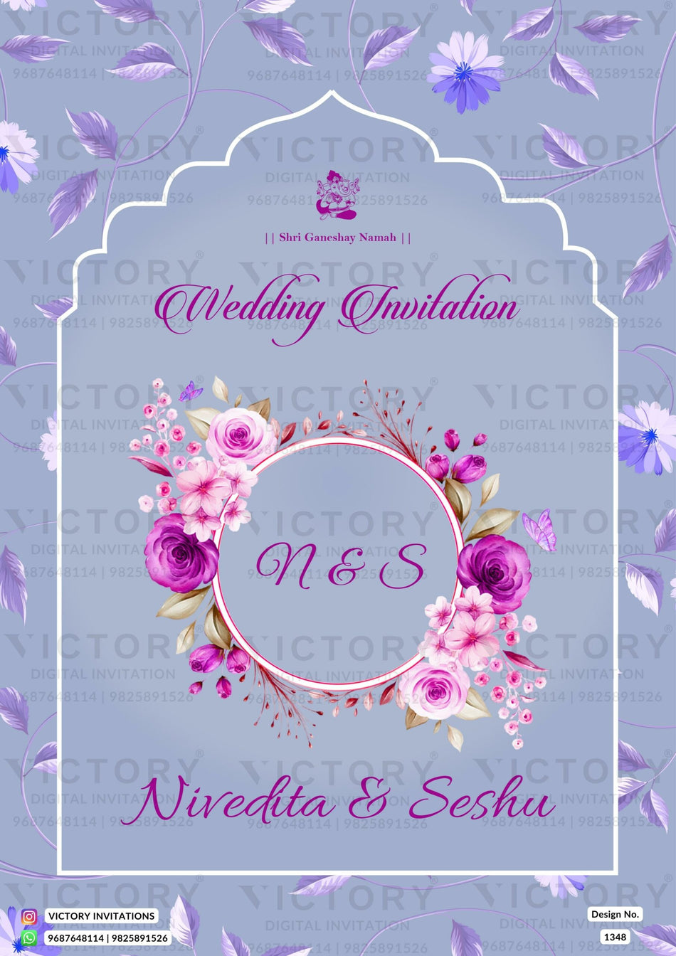 Wedding ceremony invitation card of hindu south indian telugu family in English language with artistic flowers theme design 1348